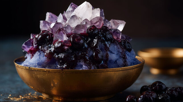Close up of amethyst gemstone bingsu with blueberry syrup, macro shot