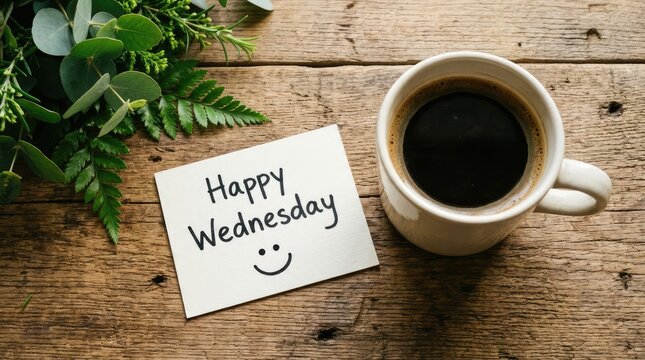 Coffee mug and Happy Wednesday note with green foliage on a rustic wooden table
