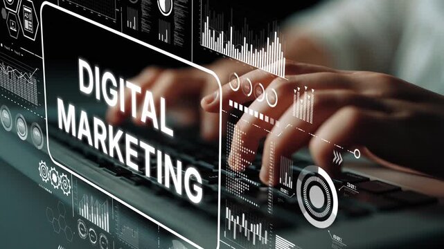 Focused Hands Typing on Keyboard Surrounded by Digital Marketing Concepts and Data Visualization Elements. Asymptotic smart data analytic.