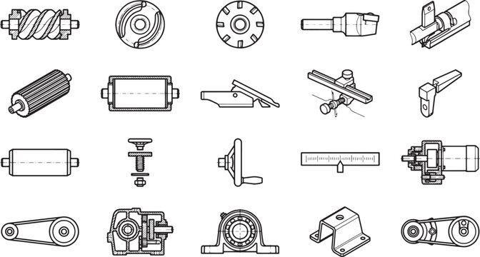 A detailed line drawing presents an array of industrial machinery parts, showcasing precision engineering and the building blocks of industry.