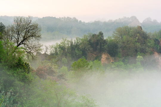 View of the Balze del Valdarno rock formations shrouded in morning mist and surrounded by lush green trees in Piantravigne, Tuscany, Italy.