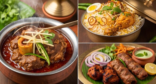 Traditional Pakistani Food Spread with Spicy Mutton Nihari Stew Garnished with Ginger and Green Chilies Served with Fragrant Chicken Biryani and Grilled Seekh Kebabs in a Copper Pot Setting