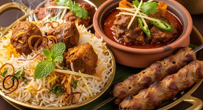 Traditional Gourmet Meal featuring Spicy Mutton Nihari with Ginger and Chilies Chicken Biryani in a Clay Pot and Grilled Seekh Kebabs 