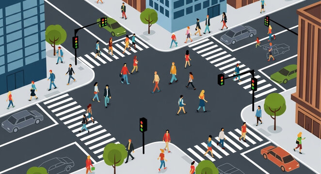 Busy City Intersection with Pedestrians Crossing Streets.