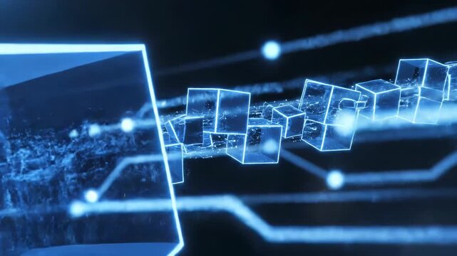 Abstract digital blockchain technology background with glowing blue cubes and interconnected data links in a futuristic cyberspace environment