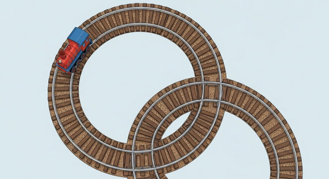 Toy train on a loop track with blue and red engine.