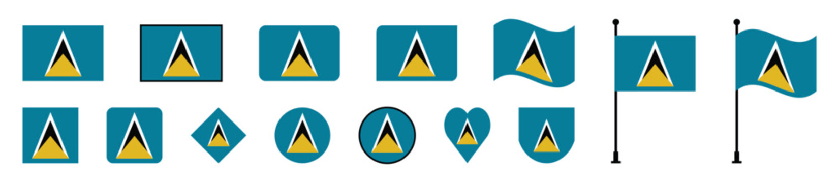  Saint Lucia national flag mega bundle set with waving, circular, heart, and shield shapes on flagpoles