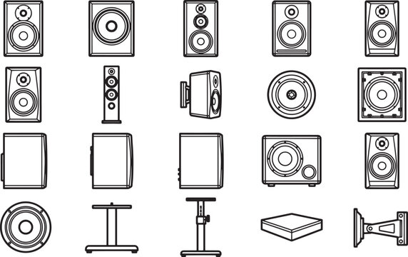 A comprehensive collection of audio speaker illustrations, featuring a variety of designs and perspectives in a clean, minimalist style.