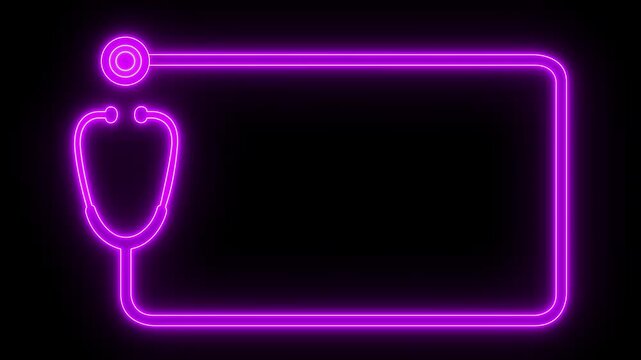 glowing neon Stethoscope rectangle shape frame icon isolated on black background, with copy space. Medical and Health care concept, doctor s stethoscope. 4k video animation.