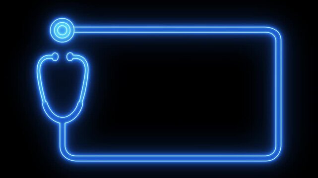 glowing neon Stethoscope rectangle shape frame icon isolated on black background, with copy space. Medical and Health care concept, doctor s stethoscope. 4k video animation.