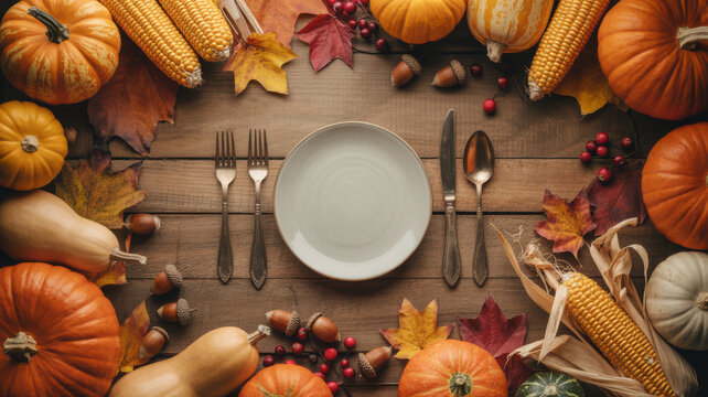 A festive Happy Thanksgiving day table setting with pumpkins and leaves on a wooden table indoors