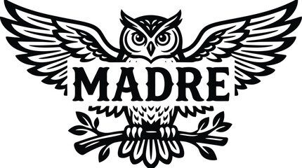 Fototapeta premium Vintage owl logo with Madre text, majestic bird of prey with spread wings vector, black and white woodcut style owl illustration on branch