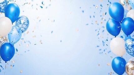Obraz premium Celebration with blue and white balloons and golden confetti against a light blue background