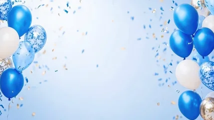 Celebration with blue and white balloons and golden confetti against a light blue background © mashimara