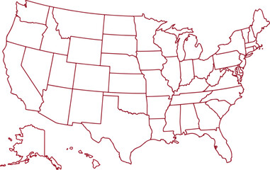 Simple red outline vector map of the United States of America with blank state borders isolated on white background © Mr. Akash