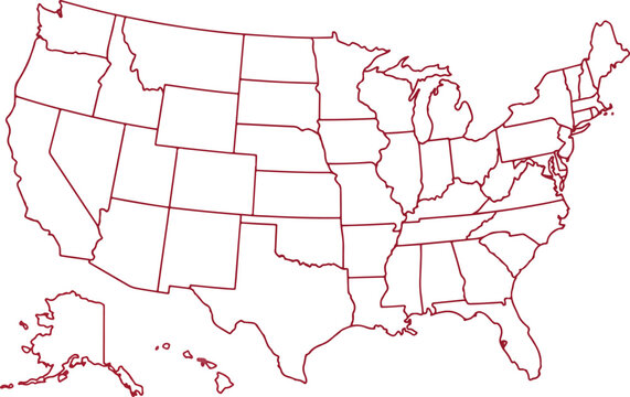 Simple red outline vector map of the United States of America with blank state borders isolated on white background