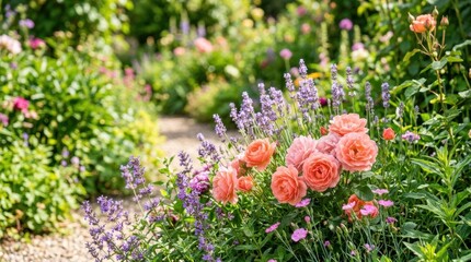 Naklejka premium Vibrant garden path lined with blooming roses and lavender in soft sunlight