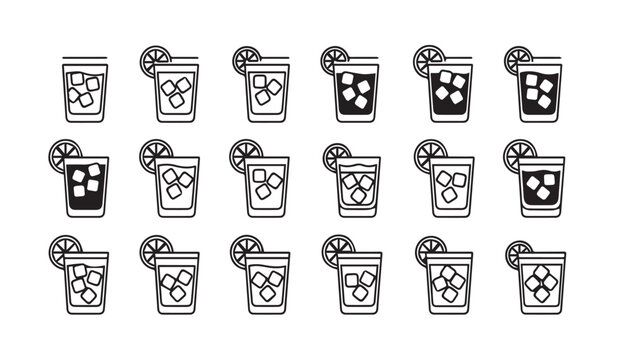 Cocktail drinks with ice and lemon slice arranged in a pattern on white background