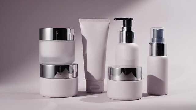 Assorted Cosmetic Product Packaging Mockups on Light Purple Background Beauty Skincare Product Photography Ready for