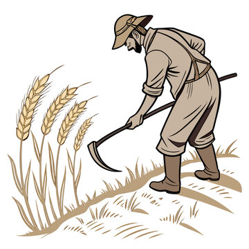 Man harvesting wheat with scythe agriculture