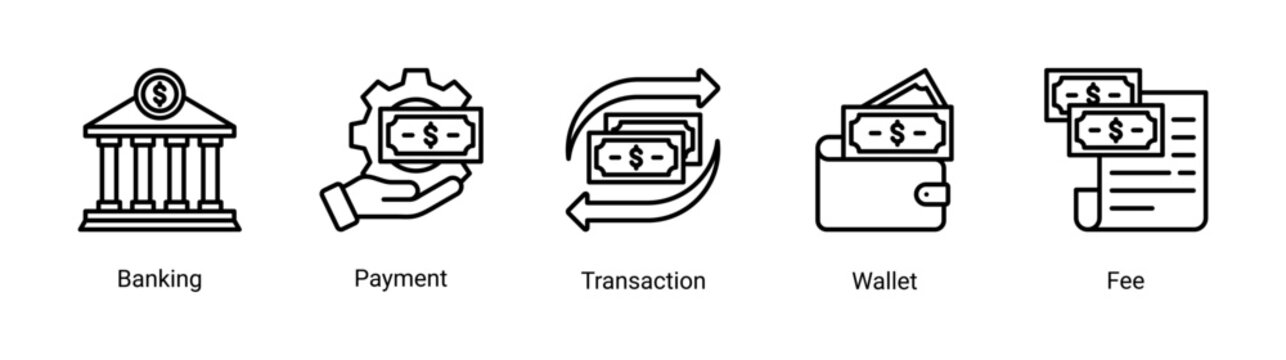 Banking icon set featuring payment,transaction,wallet,and fee icons.Suitable for fintech apps and digital financial services.