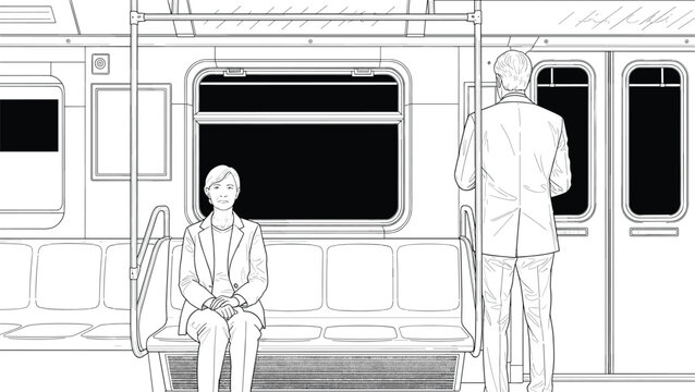 Black and white line art vector illustration of passengers commuting inside a subway train car including a seated person and standing man.