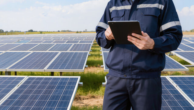 Technician using tablet at solar farm.
​Engineer monitoring renewable energy installation panels.
​Maintenance worker checking solar power data.
​Professional inspecting sustainable energy field site.