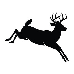 Fototapeta premium Black silhouette of a leaping deer with antlers white background