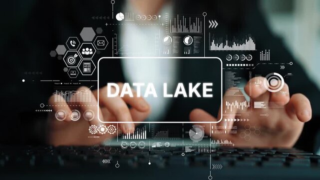 Business Professional Analyzing Data Lake Concepts with Digital Graphics and Technology Elements on Keyboard. Asymptotic smart data analytic.
