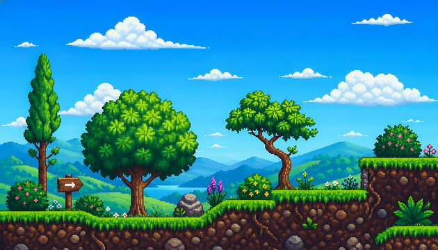 Pixel Art Game Level Landscape with Mountains and Flowers