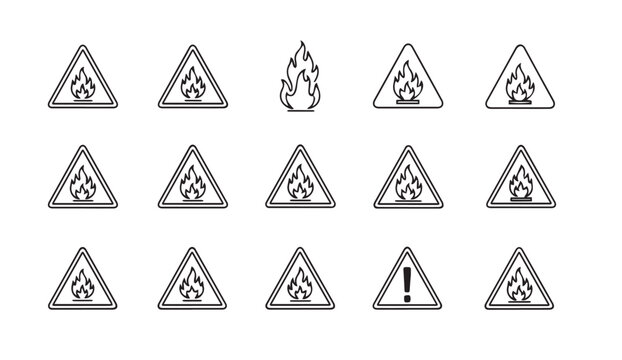 Collection of flame warning signs and fire icons with a clean white background