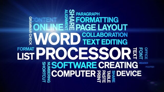Word Processor animated word cloud-text design animation tag kinetic typography seamless loop.