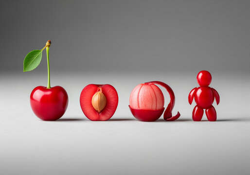 Four red objects including cherry and doll on white surface indoors