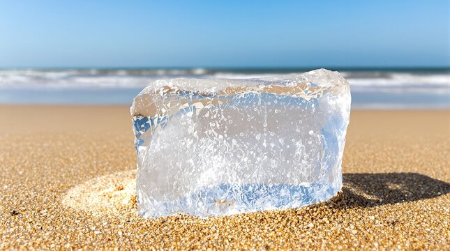 Melting Ice Block on Sandy Beach with Ocean Waves and Blue Sky Unexpected Contrast for Refreshment Concept