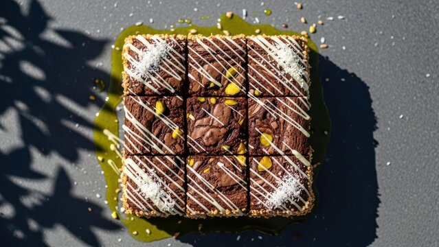 Top view of a square chocolate brownie cake cut into nine pieces, drizzled with white chocolate and coconut, served on a dark grey surface with green sauce