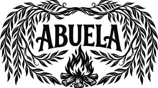 Vintage Abuela typography with campfire and willow branches, black and white woodcut style grandmother emblem, rustic hand-drawn floral vector