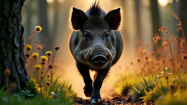Wild boar walking with confidence in a sunlit forest background