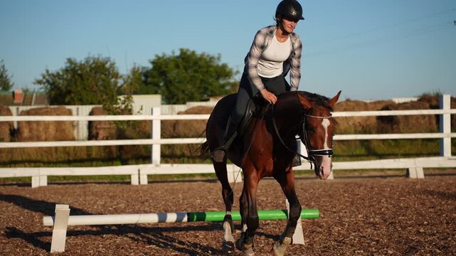 Female rider on bay horse jumping over hurdle in outdoor arena. Show jumping competition, equestrian sport and hobby, active lifestyle, power and skill, animal and human bond, success concept