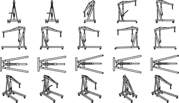 A series of detailed illustrations showcases the versatility of a crane in industrial application, illustrating different angles of crane movement, demonstrating precision and power.
