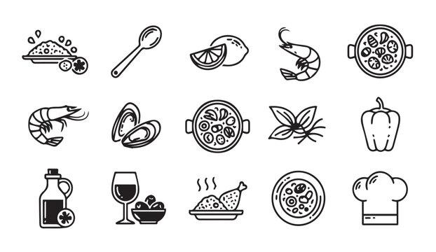 Collection of modern flat line icons representing ingredients and dishes for gastronomy