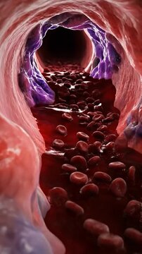 Varicose vein blood pooling inside vessel and artery interior medical illustration showing slow circulation, red blood cell flow, thrombosis clot embolism risk, swollen valve tissue anatomy concept