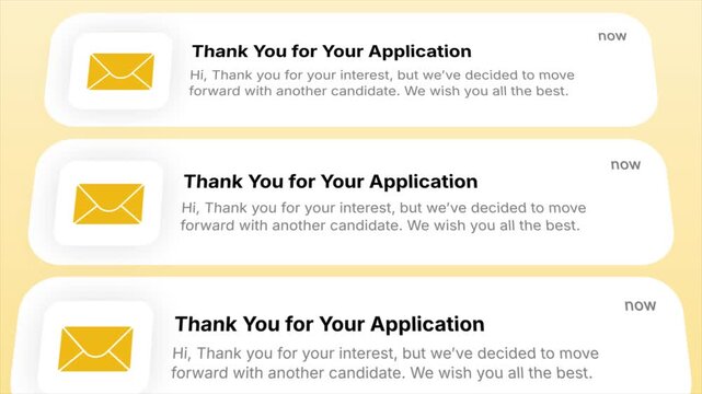Job Application Rejection Email Notification Appearing on Screen. Ideal for HR, recruitment, career, and business communication concepts.