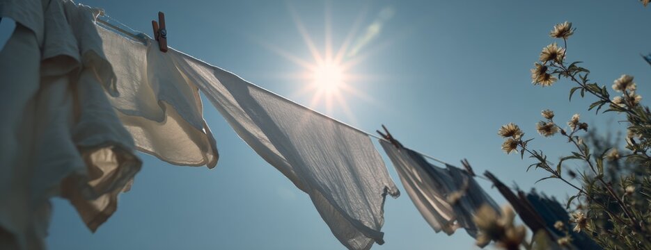 Laundry hanging on a line to dry under the sun in clear sky  