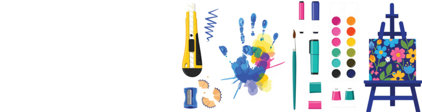 Art supplies collection with paint splashes brushes palette knife cutter sharpener and easel illustration, creative tools set for painting, drawing and design isolated on white