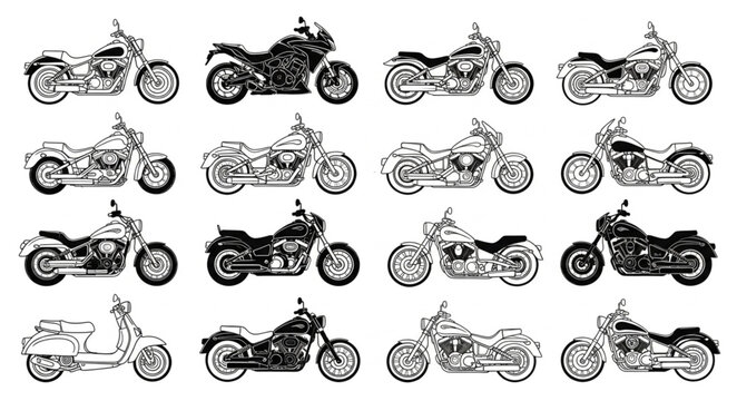 Collection of various motorcycle illustrations in black and white.
