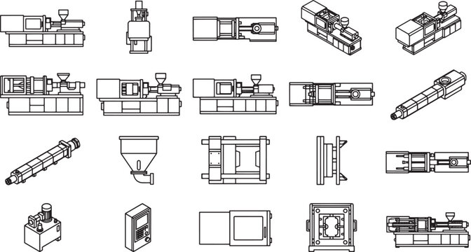 Illustration of various industrial machines, presenting a detailed view of their construction and function.