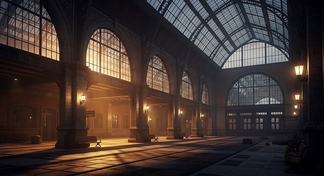 Empty wooden benches sit quietly inside a large hall illuminated by warm golden sunlight streaming through the expansive arched glass windows