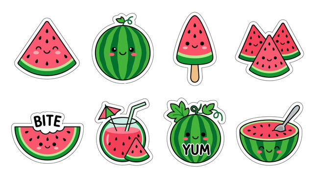 A delightful assortment of kawaii watermelon stickers, showcasing playful slices, whole fruits, refreshing drinks, and a tasty ice cream bar.