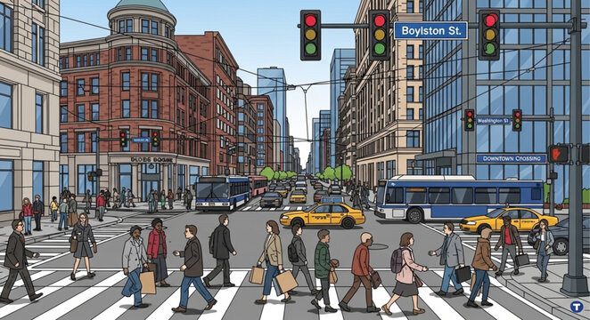 Busy City Street Scene With Pedestrians Crossing Road.