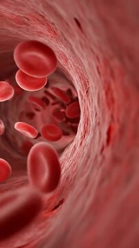 High blood pressure vessel stress artery with red blood cell and blood flow in artery wall, bloodstream circulation and cardiovascular risk concept showing vessel cell response to stress